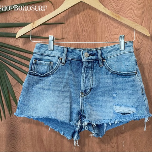 Pacific Sunwear Pants - PAC Sun Mid Waist Cut-Off Denim Short